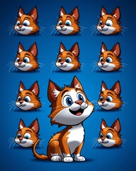 A cute cartoon cat with various expressions, showcasing joy and playfulness against a vibrant blue background.