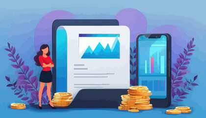 Financial Success: A Woman Standing Next to a Pile of Gold Coins and a Tablet with a Graph