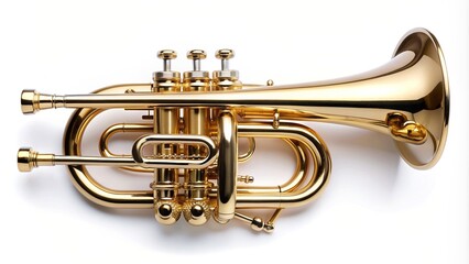 Obraz premium jazz, sound, musical instrument, symphony, high angle, wind instrument, music, A classical wind musical instrument the cornet isolated on a white background in a high angle shot