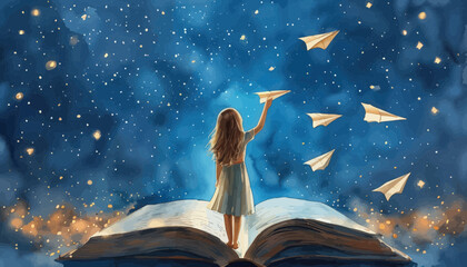 Naklejka premium Flying Kites at Night: A Dreamy Illustration of a Girl Standing on an Open Book with Kites Soaring in the Sky