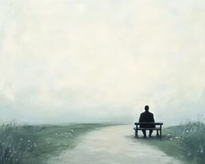 A solitary figure sits on a bench, gazing at an empty landscape, evoking feelings of contemplation and introspection.