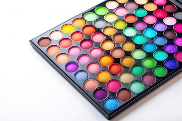 palette, style, wide-angle, fashion, colors,colorful, A vibrant and diverse eyeshadow palette with an array of bold colors captured in a wide angle shot against a white background