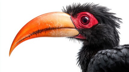 Fototapeta premium A striking close-up of a colorful hornbill showcasing its vibrant beak and unique features against a white background.