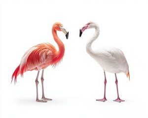 Obraz premium A striking image of two flamingos, one vibrant pink and the other elegant white, showcasing their unique beauty and characteristics.