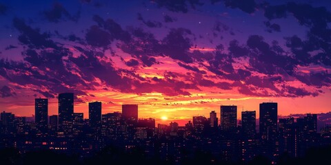 Fototapeta premium Twilight descends over the city, where the skyline is silhouetted against a deepening sky, and the lights start to flicker on