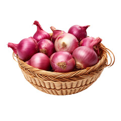 Straw basket of red onions transparent background
