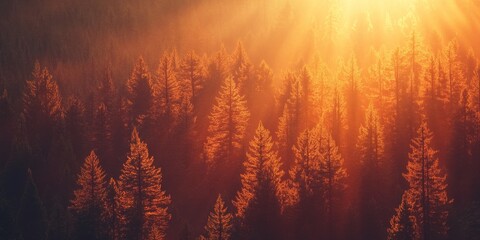 a desert sunset blending with a forest, where the warm hues of the setting sun illuminate the trees