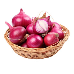 Straw basket of red onions transparent background
