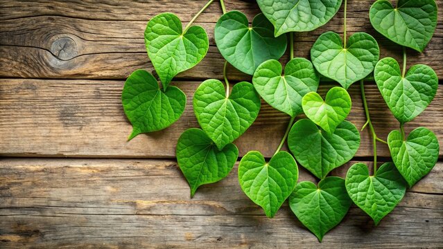 A close up shot of Tinospora cordifolia herb also known as heart leaved moonseed or guduchi with its vibrant green leaves and tendrils placed on a rustic wooden background, herb