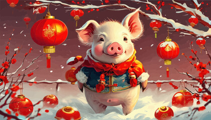 Fototapeta premium Happy Piggy in a Winter Wonderland