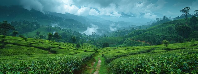 Tea Plantations in Nuwara Eliya Rolling hills covered in lush green tea plantations.