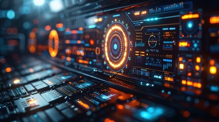 Futuristic interface with glowing digital display and circuit board.