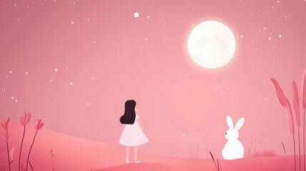 Obraz premium Korean mid-autumn Chuseok moon festival. a little girl and a rabbit, mid-autumn festival 