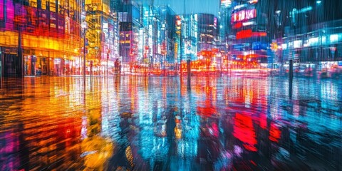 The dynamic energy of an urban streetscape, where the city's vibrant colors and lights are reflected in the waters of a river