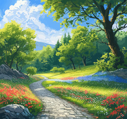 Fototapeta premium Nature's Path: A Serene Walk Through a Vibrant Garden