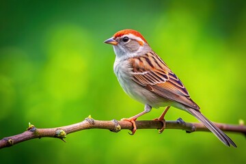 Field Sparrow perched on a tree branch against a vibrant green background creating leading lines towards the focal point, vibrant, focus, colorful, field sparrow, nature, avian, fauna