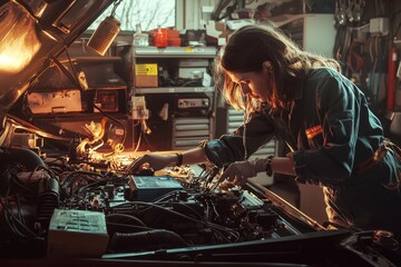 Female mechanic checking a car's battery and electrical system in a garage. Diagnostic equipment and car parts are scattered around