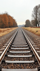 Fototapeta premium A tranquil scene of railroad tracks stretching into the distance, surrounded by autumn foliage and a serene landscape.