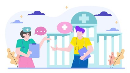 Two healthcare professionals engage in a conversation outside a hospital highlighting collaboration in patient care and communication illustration animated video