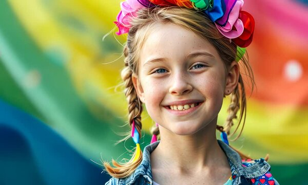 Young girl smiling with colorful hair accessory and braided