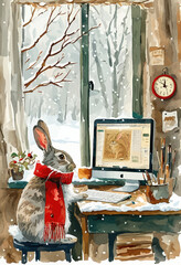 Rabbit in Winter Office Scene