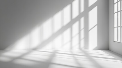 Abstract white studio background with blurred window shadows, ideal for product presentation and display in clean, minimalist settings. Empty room for showcasing items with a soft, neutral backdrop.