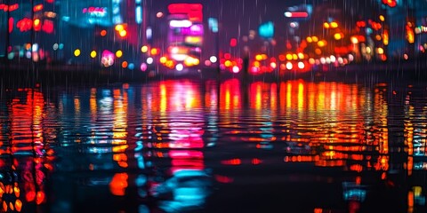 Obraz premium The vibrant reflection of an urban night scene in the still waters of a river, where the city lights create a beautiful, glowing contrast