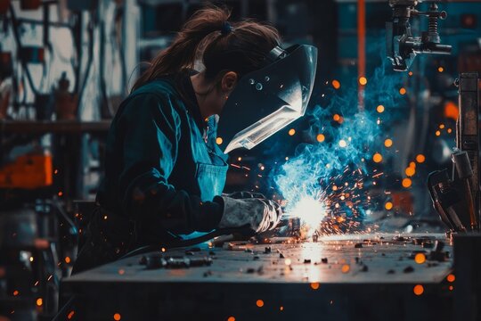 Female mechanic welding a metal part in a workshop. Protective gear and welding equipment are visible in the background