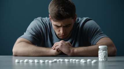 Obraz premium The Weight of Choice: A young man grapples with a difficult decision, a jar of pills and scattered tablets reflecting the weight of his choice. The image evokes a sense of introspection, anxiety