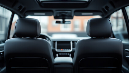 Obraz premium Interior of a modern car showcasing plush black leather seats, highlighting comfort and style for an enjoyable driving experience.
