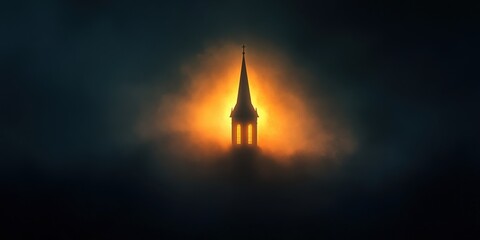 Fototapeta premium A haunting silhouette of a church steeple emerges from the dark fog, illuminated by a mysterious glowing light.
