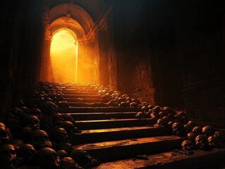 A haunting staircase adorned with skulls, leading towards an ethereal light, evoking mystery and the passage of time.