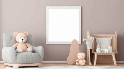 A cozy children's room featuring soft pastel colors, a plush teddy bear, and a blank frame on the wall, creating a warm and inviting atmosphere perfect for a nursery.