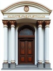 Obraz premium A majestic entrance featuring ornate columns and a richly detailed wooden door, showcasing classic architectural beauty.