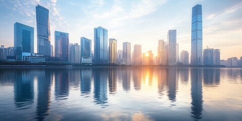 Obraz premium A cityscape of high-rise buildings reflected in the waters of a river, where the towering structures meet the calm surface