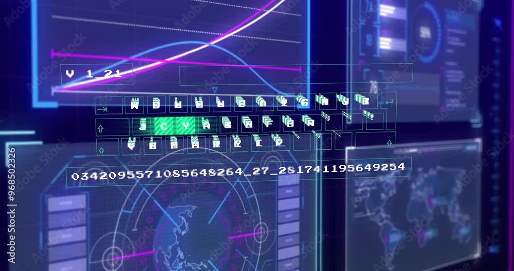 Wall mural animation of data processing and diagrams over globe and world map