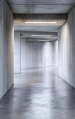 Fototapeta premium A minimalistic concrete corridor with soft lighting, creating an atmospheric and modern architectural space.