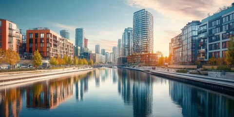 Fototapeta premium A vibrant downtown area by a river, where the bustling streets and tall buildings are reflected in the calm waters