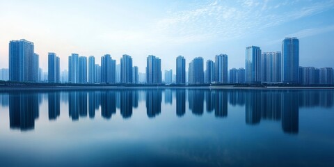 Fototapeta premium Modern urban developments reflected in the calm waters of a lake, where the sleek buildings meet the tranquil surface