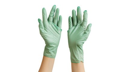Fototapeta premium Hands wearing a green latex glove on transparent background
