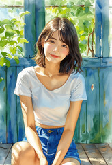 Fototapeta premium Smiling Woman in Blue Shorts and White T-Shirt, Sitting on Blue Wall with Green Plants