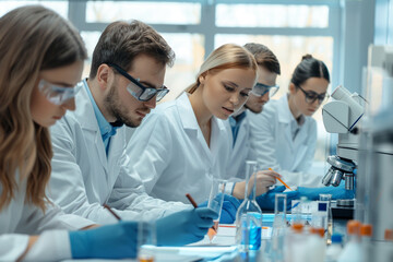Collaborative team of men and women conducting research in laboratory setting