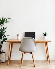 Modern workspace featuring a wooden desk, minimalist design, and potted plants for a serene and productive atmosphere.