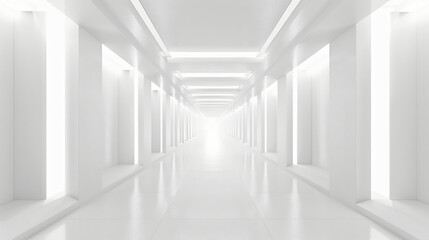 Obraz premium A pristine white corridor filled with soft glowing lights, leading towards a bright, unknown space, evoking a sense of purity and serenity in a minimalist design.
