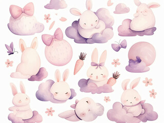 A charming collection of fluffy bunnies in soft pastel colors, lounging on clouds with flowers, creating a serene and whimsical atmosphere perfect for children's art.