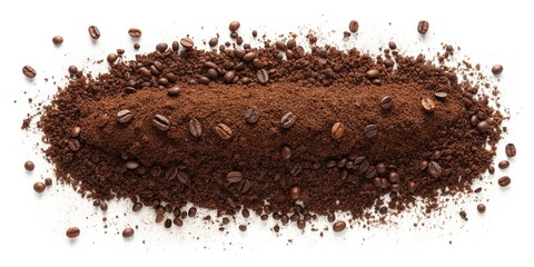 beverage, studio shot, energy, natural, A minimalist stock photo showcasing a spread made from coffee grounds displayed in a neat pattern and isolated on a clean white background