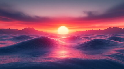 A fiery sunset casts a warm glow over the vast, rippling ocean with silhouetted mountains in the distance.