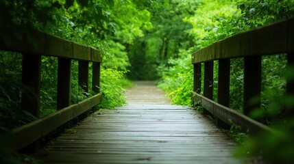 A serene wooden path surrounded by lush greenery, inviting exploration and tranquility in nature.