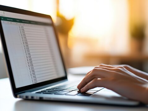A person works on a laptop with a spreadsheet open, showcasing productivity and modern office life in a bright setting.