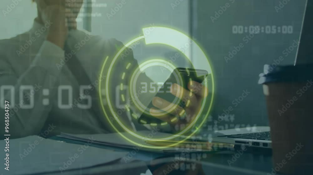 Poster animation of data processing and scope scanning over biracial businessman using smartphone